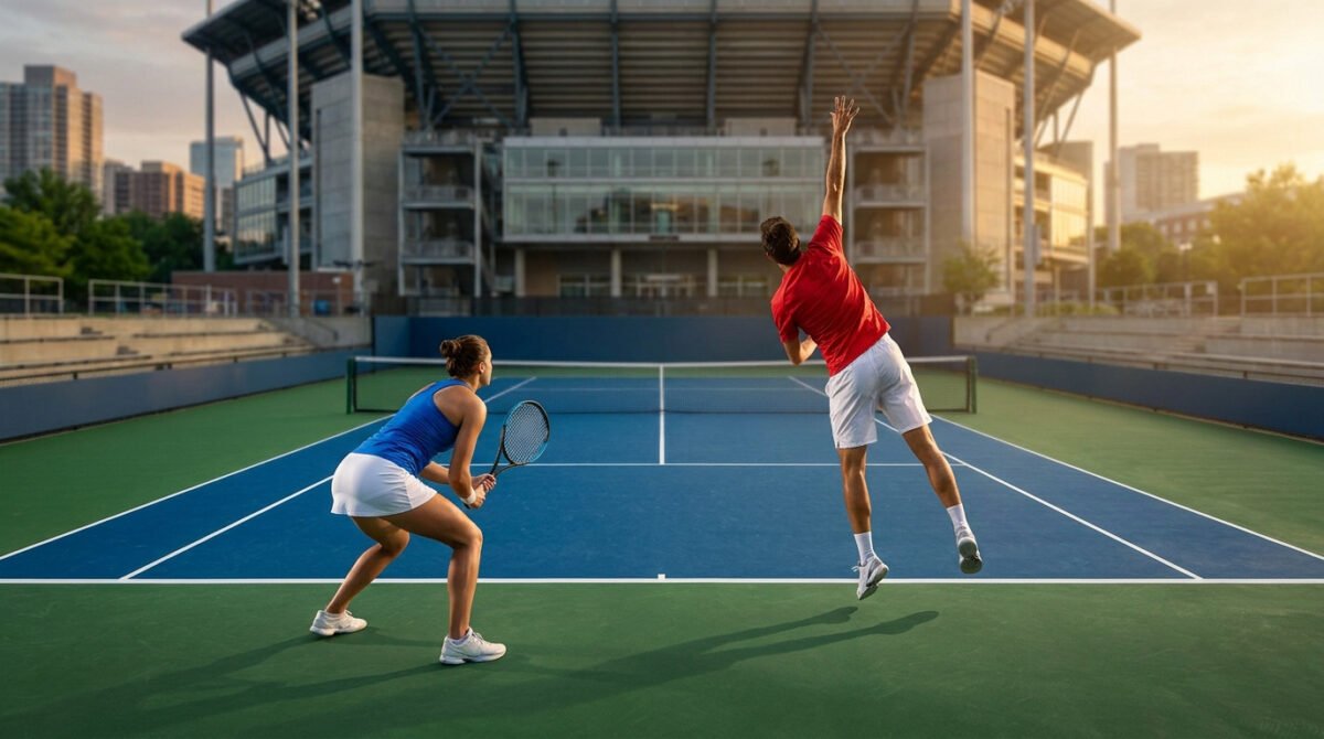 Un joueur et une joueuse de tennis en plein match sur un court extérieur au coucher du soleil.