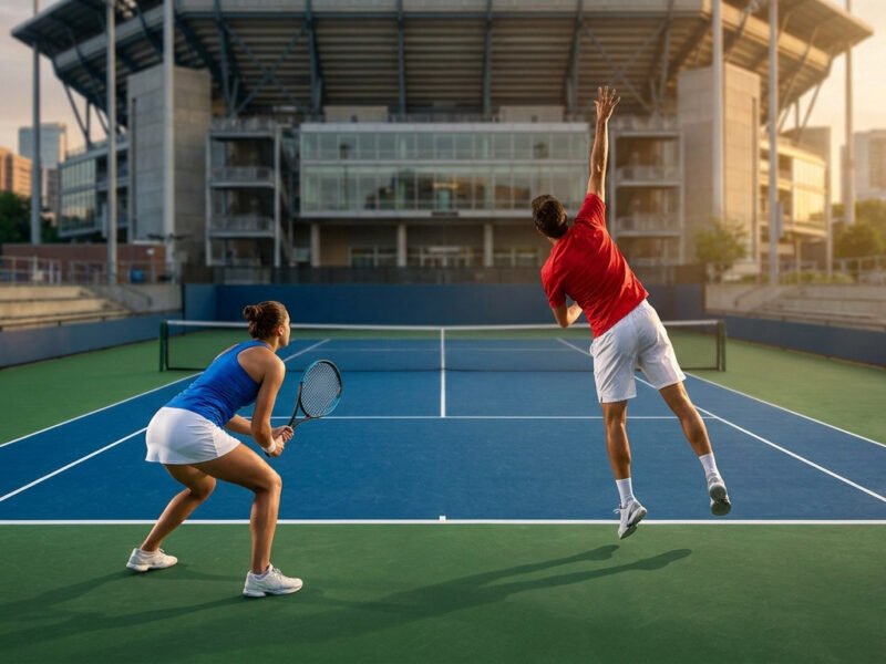Un joueur et une joueuse de tennis en plein match sur un court extérieur au coucher du soleil.