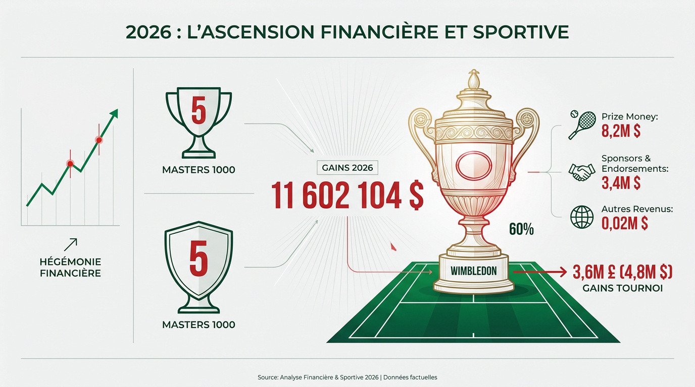 Graphique des gains financiers et sportifs de Jannik Sinner en 2026