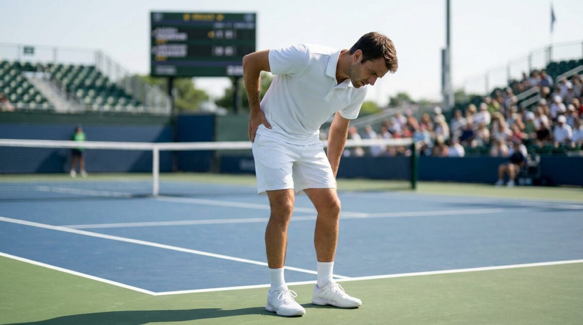 Un joueur de tennis en tenue blanche se tenant la hanche, exprimant de la douleur sur le court à Washington.