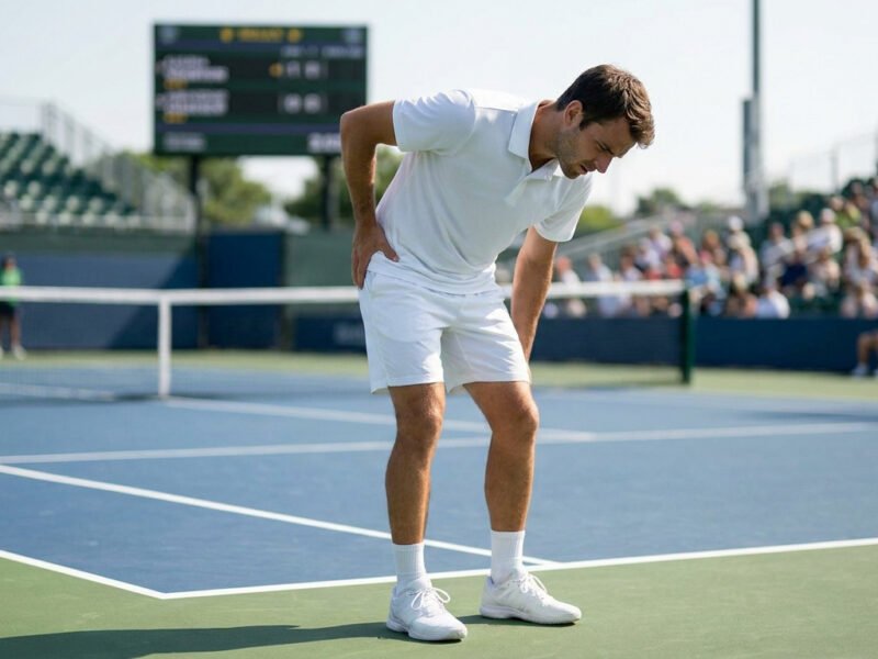 Un joueur de tennis en tenue blanche se tenant la hanche, exprimant de la douleur sur le court à Washington.