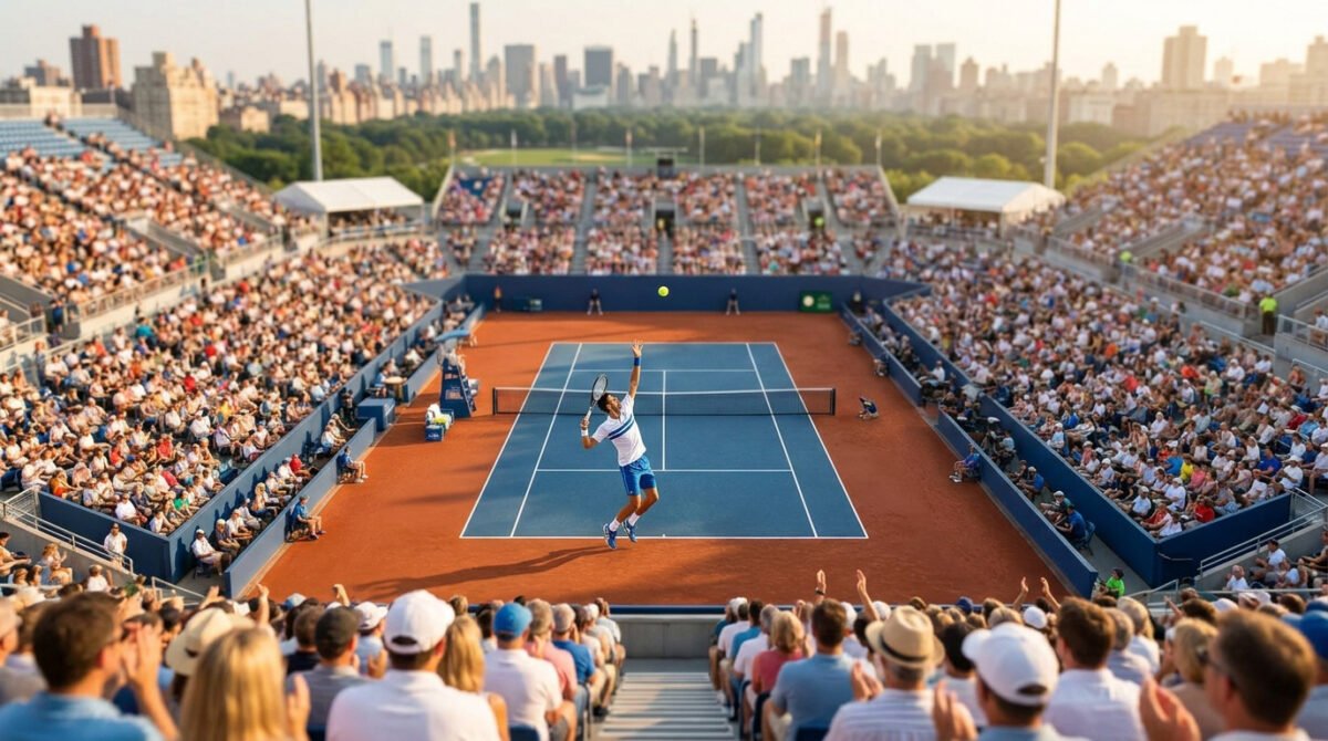 Un joueur de tennis effectue un service dans un stade rempli avec la ligne d'horizon d'une grande ville en arrière-plan.