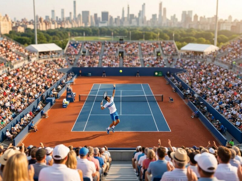 Un joueur de tennis effectue un service dans un stade rempli avec la ligne d'horizon d'une grande ville en arrière-plan.