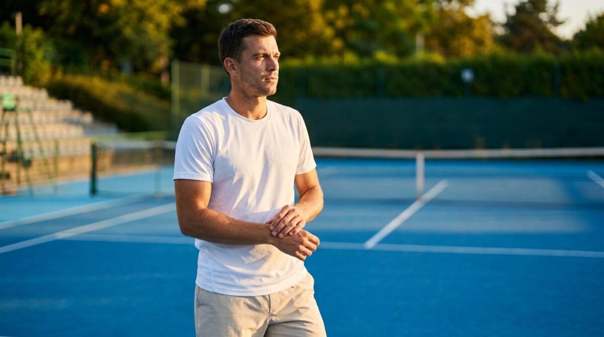 Un joueur de tennis tient son poignet blessé sur un court en dur bleu.