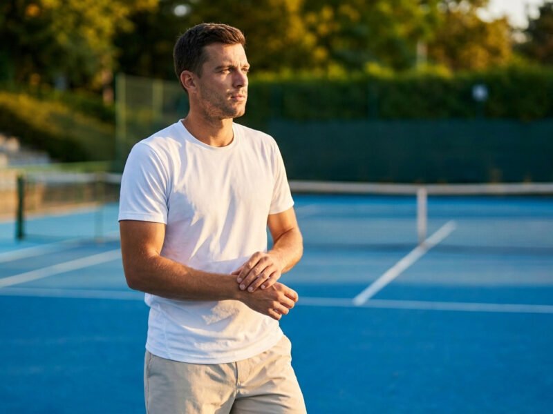 Un joueur de tennis tient son poignet blessé sur un court en dur bleu.