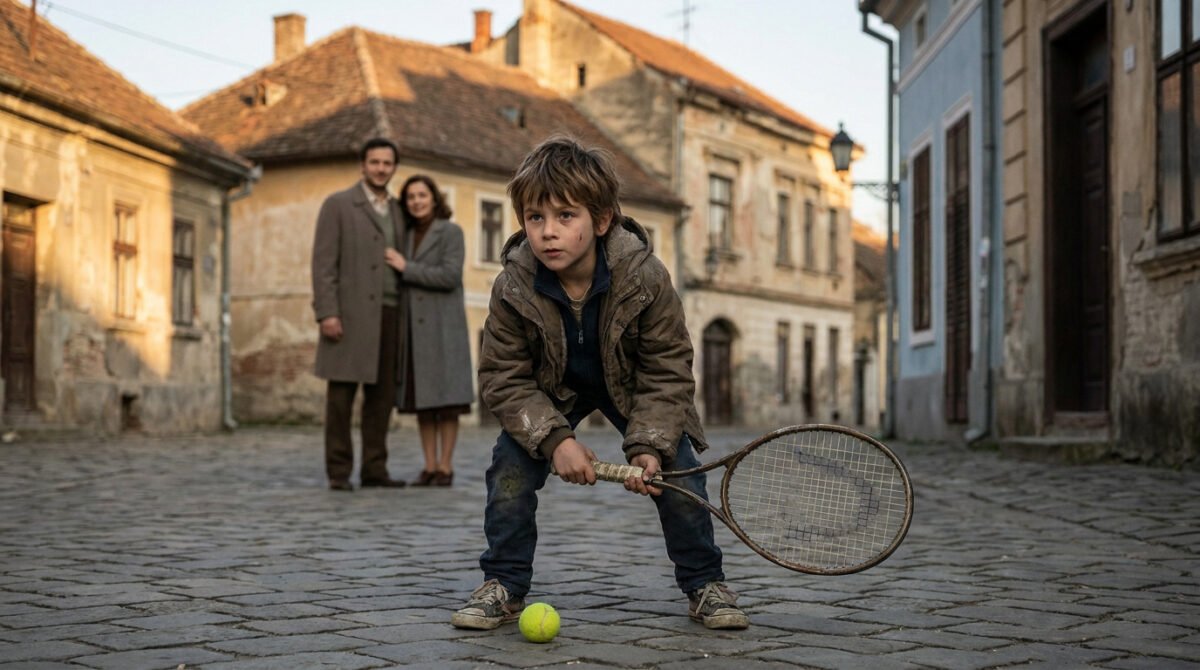 Jeune garçon jouant au tennis dans une rue pavée devant ses parents, évoquant l'enfance de Novak Djokovic.