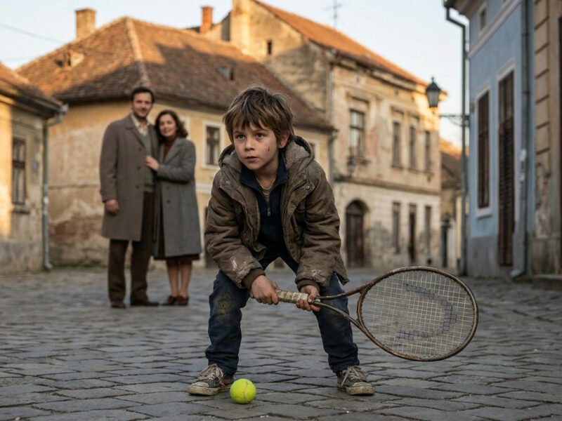 Jeune garçon jouant au tennis dans une rue pavée devant ses parents, évoquant l'enfance de Novak Djokovic.