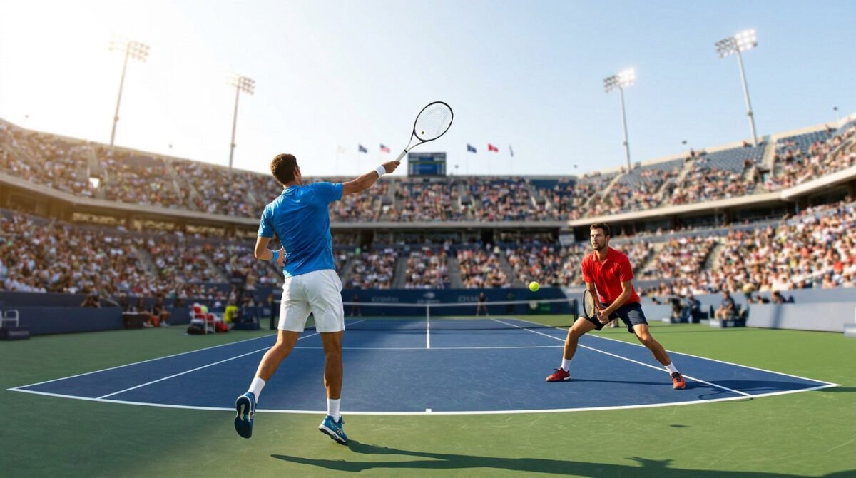 Deux tennismen s'affrontent sur un court dur devant des gradins remplis lors d'un match sous un grand soleil.