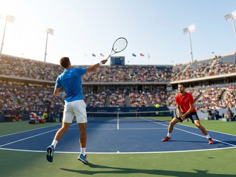 Deux tennismen s'affrontent sur un court dur devant des gradins remplis lors d'un match sous un grand soleil.