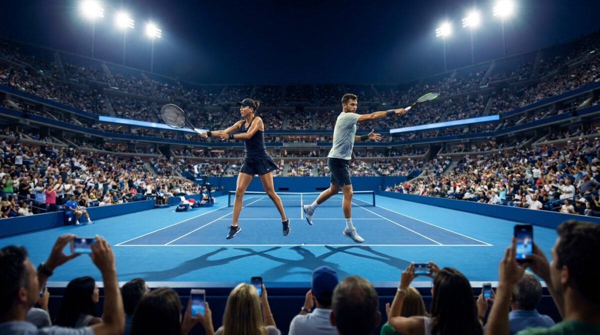 Une joueuse et un joueur de tennis en action sous les projecteurs d'un stade bondé lors de l'US Open 2026.