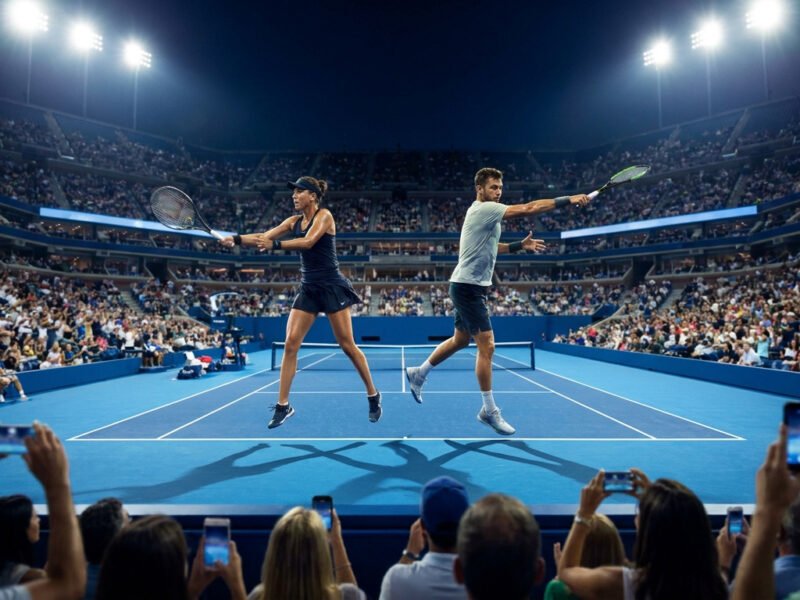 Une joueuse et un joueur de tennis en action sous les projecteurs d'un stade bondé lors de l'US Open 2026.