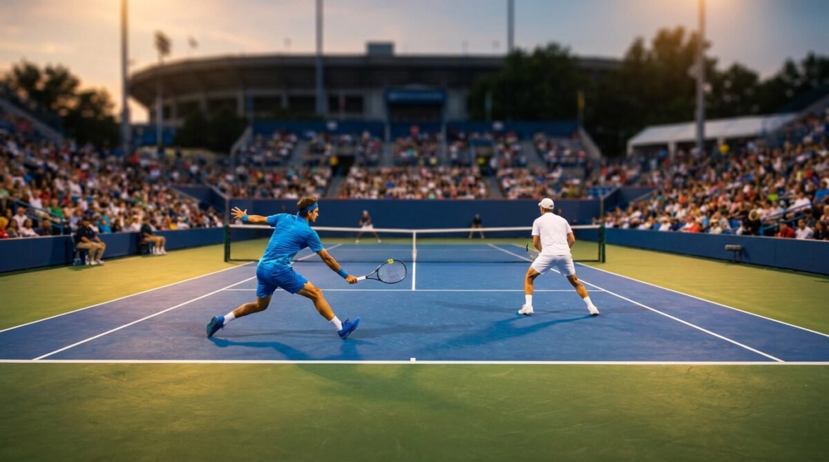 Deux joueurs de tennis en plein échange sur un court dur dans un stade rempli au tournoi de Washington.