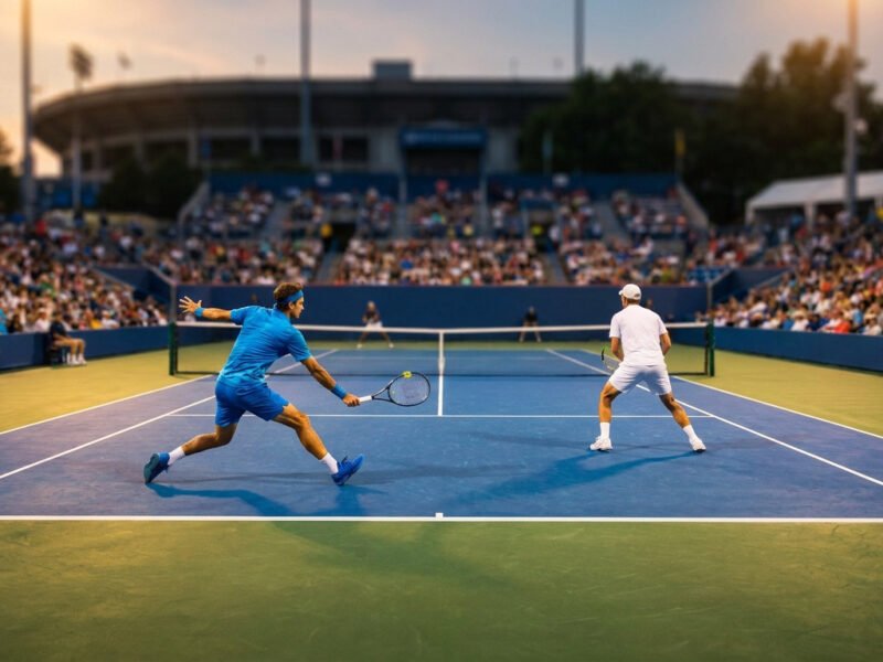 Deux joueurs de tennis en plein échange sur un court dur dans un stade rempli au tournoi de Washington.