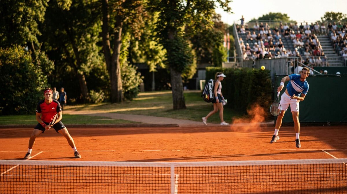 Deux joueurs de tennis en plein échange sur un court en terre battue lors d'un tournoi en extérieur.