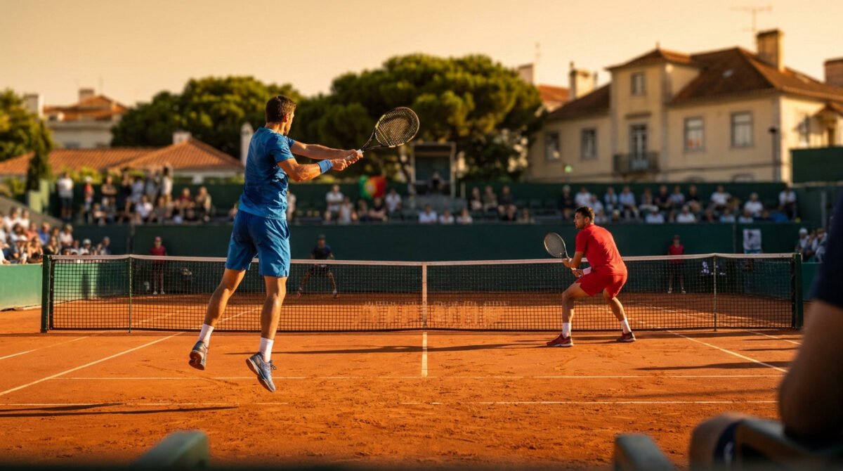 Deux joueurs de tennis s'affrontent sur un court en terre battue sous un soleil couchant lors d'une finale à Estoril.