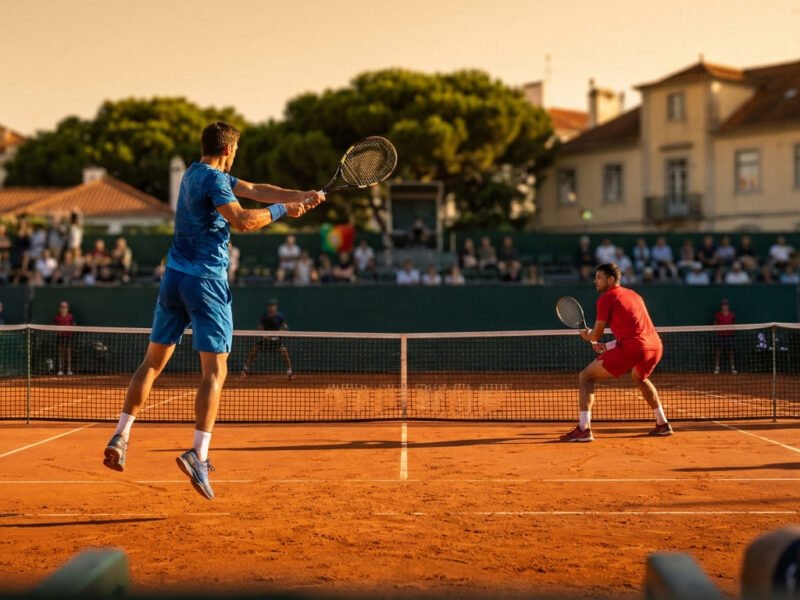 Deux joueurs de tennis s'affrontent sur un court en terre battue sous un soleil couchant lors d'une finale à Estoril.