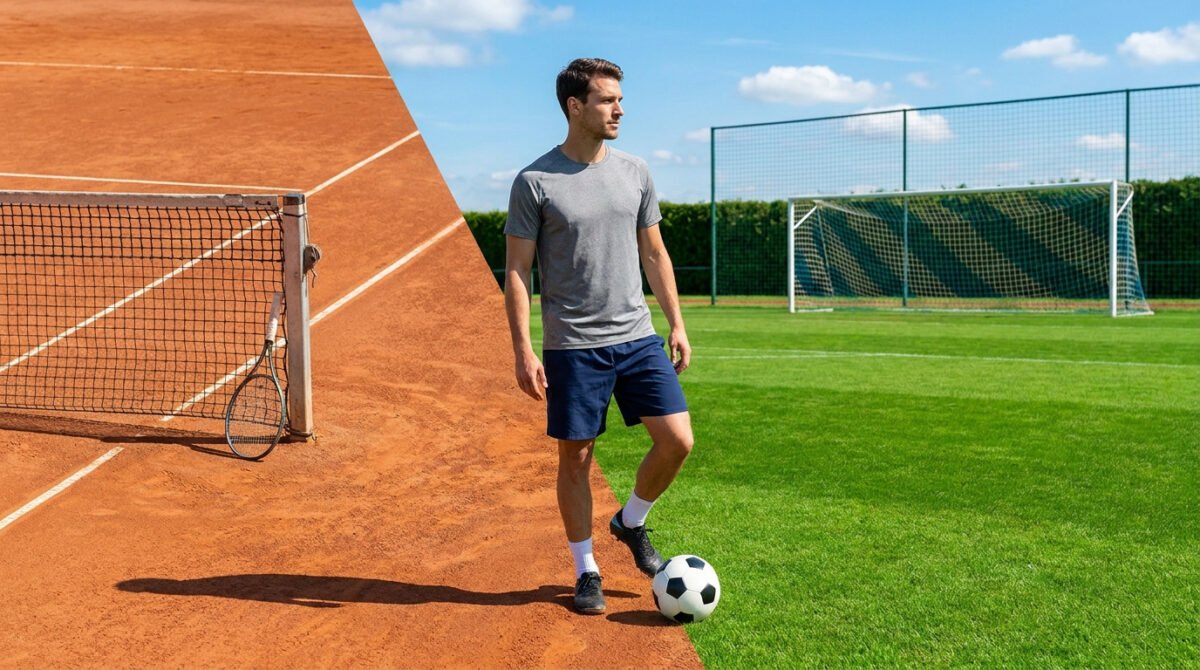 Dominic Thiem, mi-tennis mi-football, une raquette posée sur un court en terre battue et un ballon sur une pelouse.