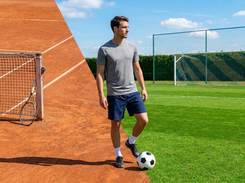 Dominic Thiem, mi-tennis mi-football, une raquette posée sur un court en terre battue et un ballon sur une pelouse.