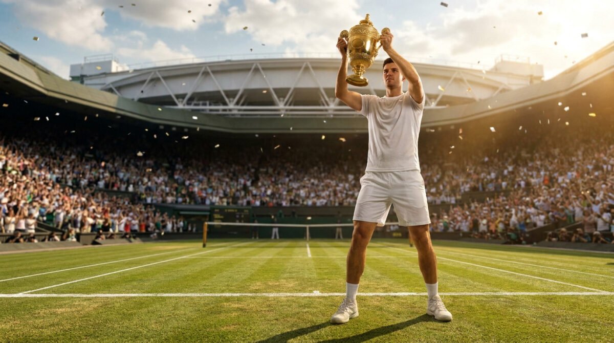 Un joueur de tennis en tenue blanche soulève un trophée doré au milieu d'un court en gazon sous une pluie de confettis.