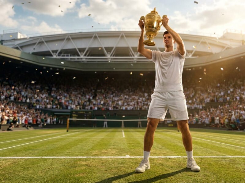 Un joueur de tennis en tenue blanche soulève un trophée doré au milieu d'un court en gazon sous une pluie de confettis.