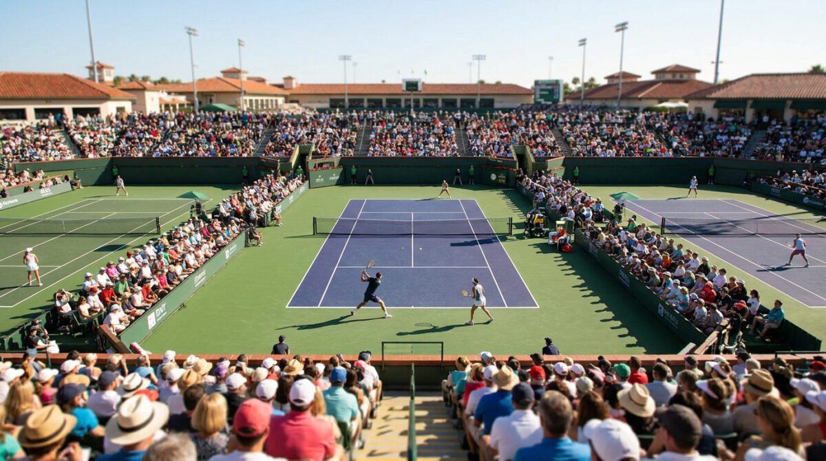 Vue en plongée d'un match de tennis professionnel lors du tournoi de Cincinnati avec des gradins remplis de spectateurs.