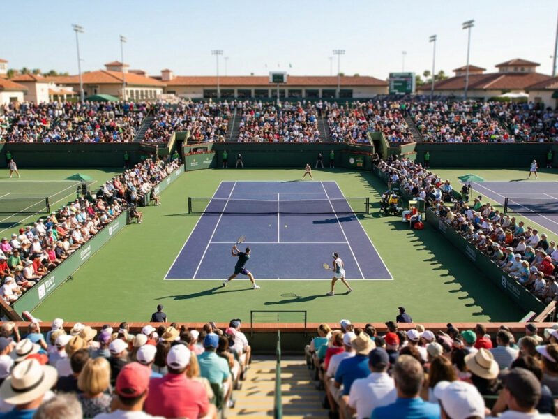 Vue en plongée d'un match de tennis professionnel lors du tournoi de Cincinnati avec des gradins remplis de spectateurs.
