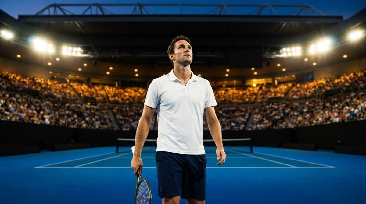 Stan Wawrinka sur un court de tennis bleu, sous les projecteurs, face à une foule nombreuse lors d'un tournoi nocturne.