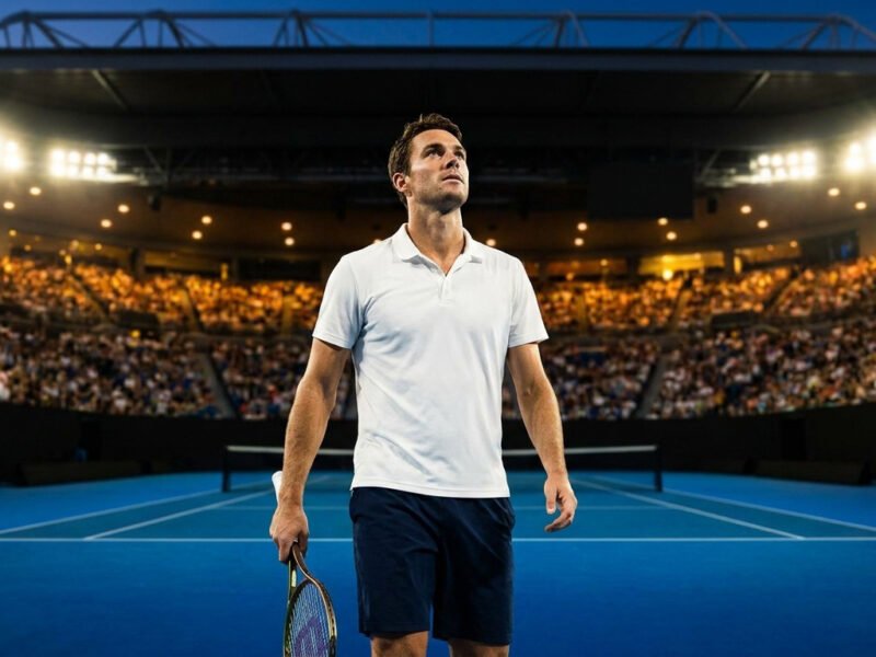 Stan Wawrinka sur un court de tennis bleu, sous les projecteurs, face à une foule nombreuse lors d'un tournoi nocturne.