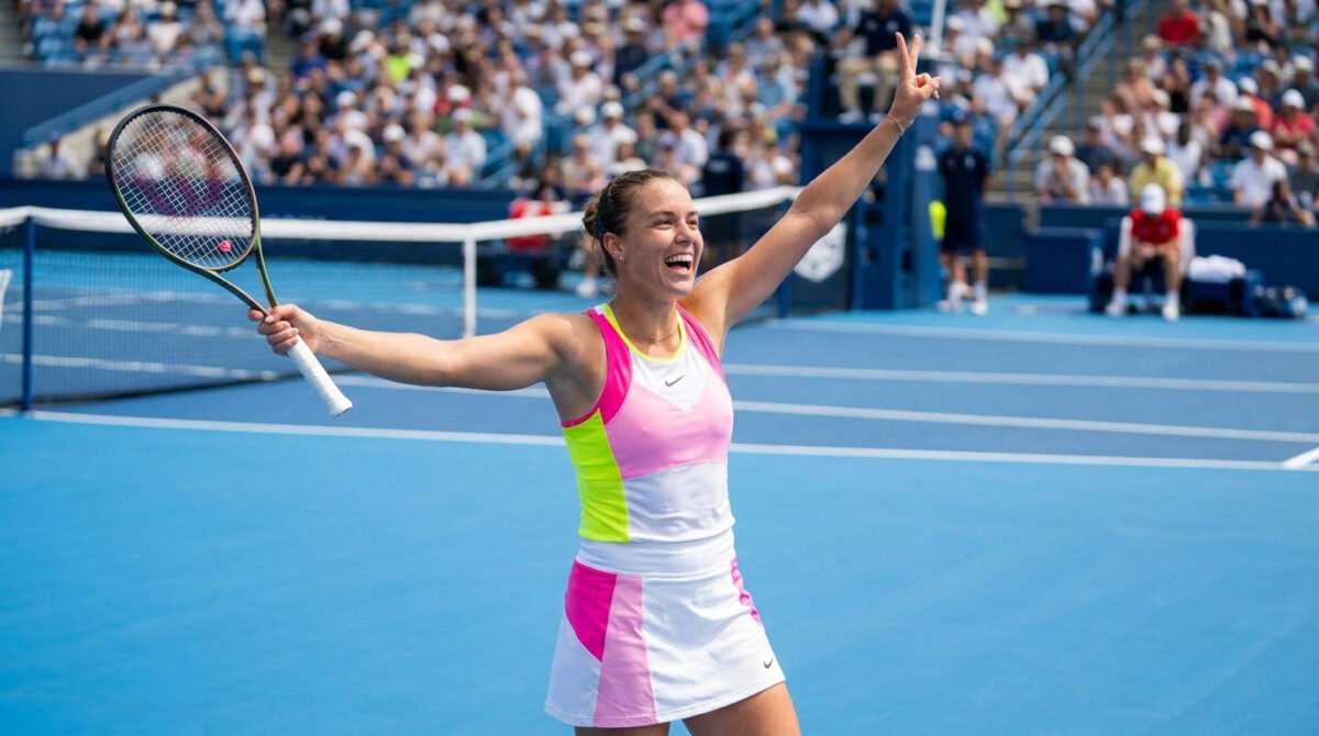 Iga Swiatek célèbre sa victoire sur le court de tennis avec une raquette à la main et le signe de la victoire.