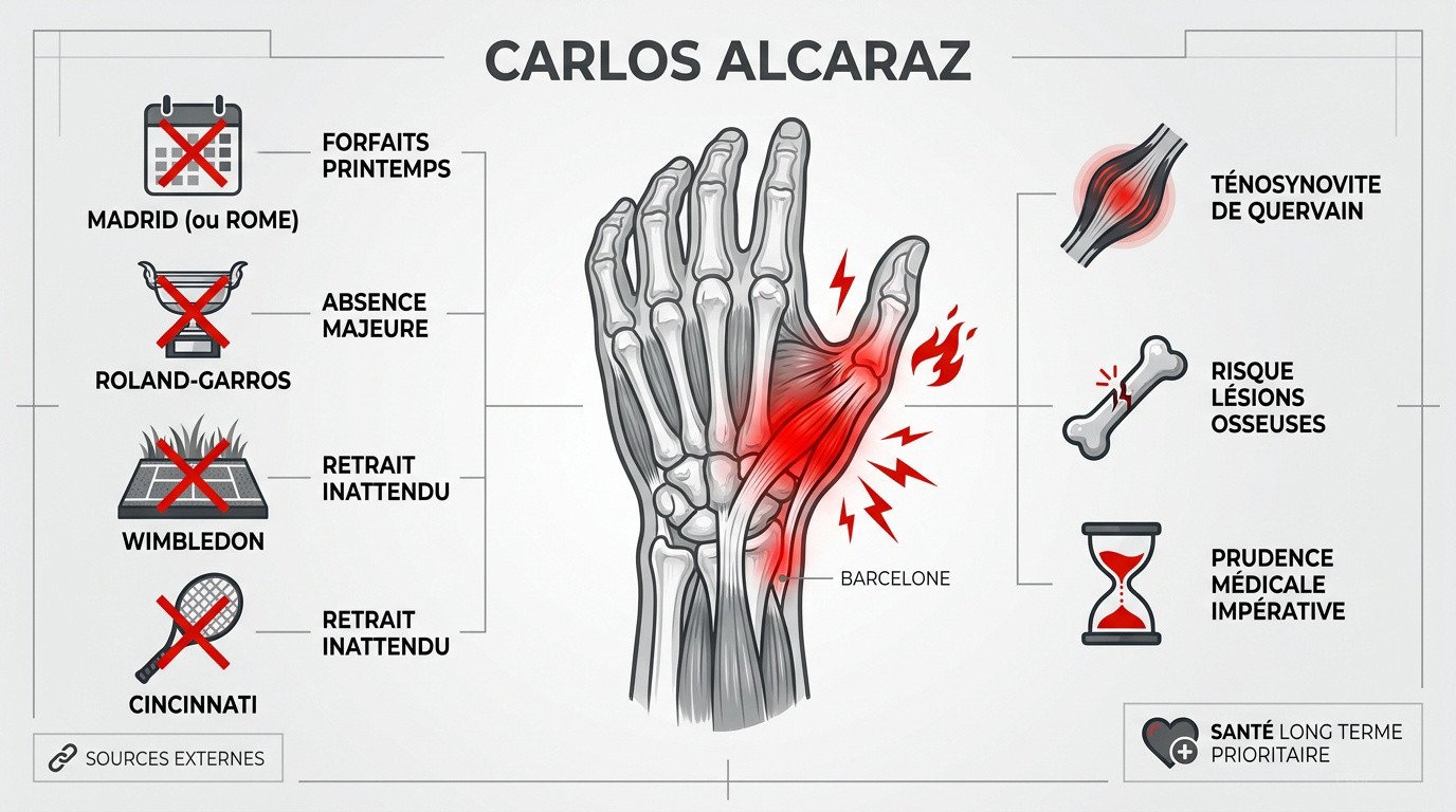 Analyse de la blessure au poignet de Carlos Alcaraz et impact sur sa saison