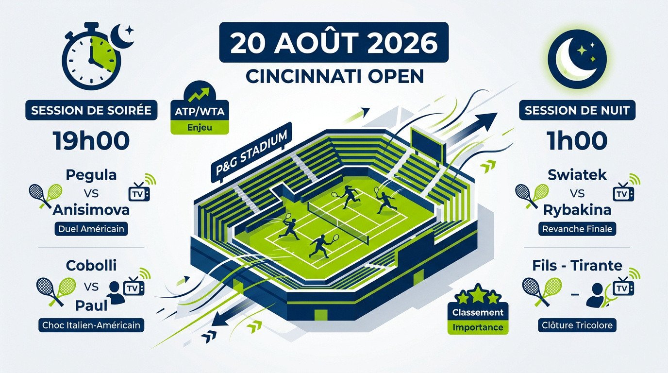 Programme des matchs du 20 août 2026 au Cincinnati Open sur le P&G Stadium Court