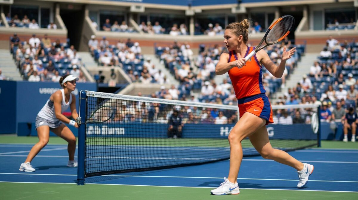 Une joueuse de tennis en tenue orange effectue un coup droit tandis que son adversaire attend de l'autre côté du filet.