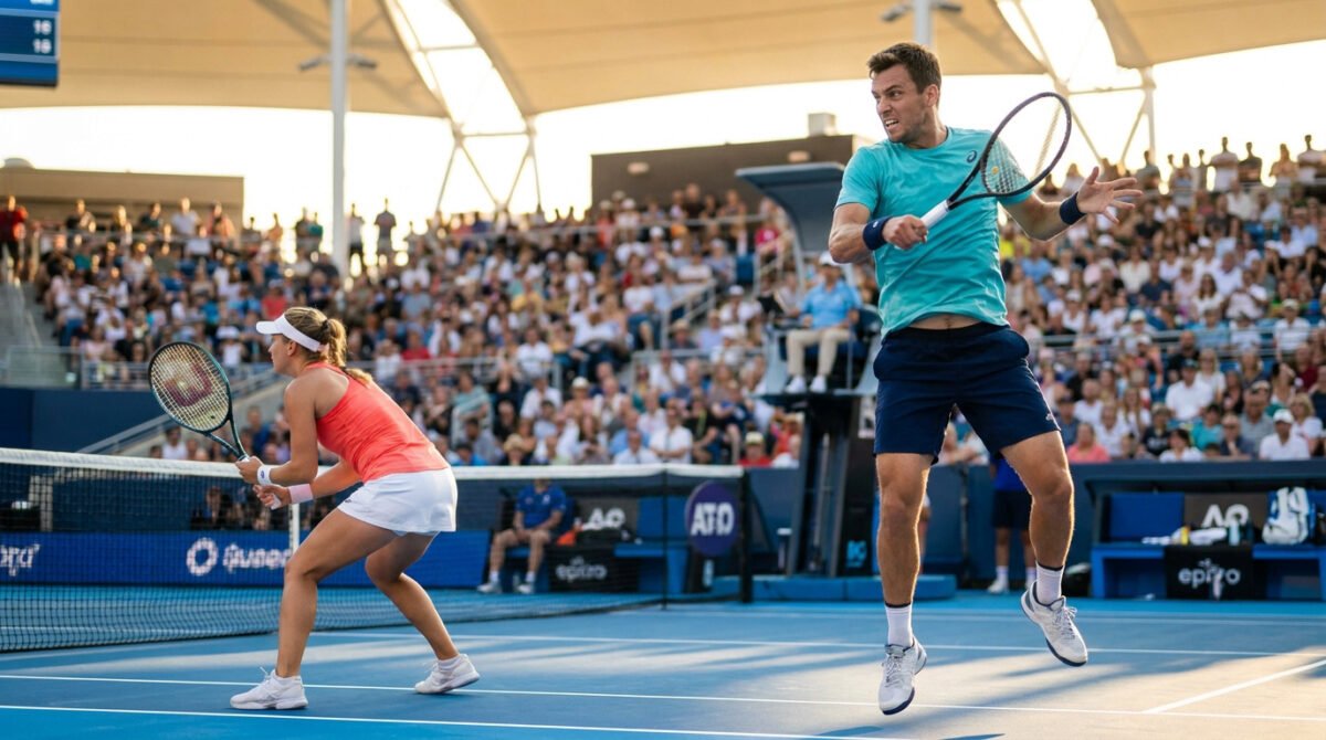 Une joueuse en haut orange et un joueur en t-shirt turquoise disputent un match de double mixte sur un court bleu.