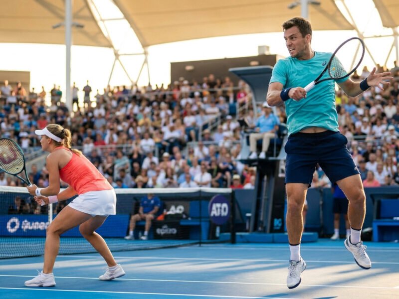 Une joueuse en haut orange et un joueur en t-shirt turquoise disputent un match de double mixte sur un court bleu.