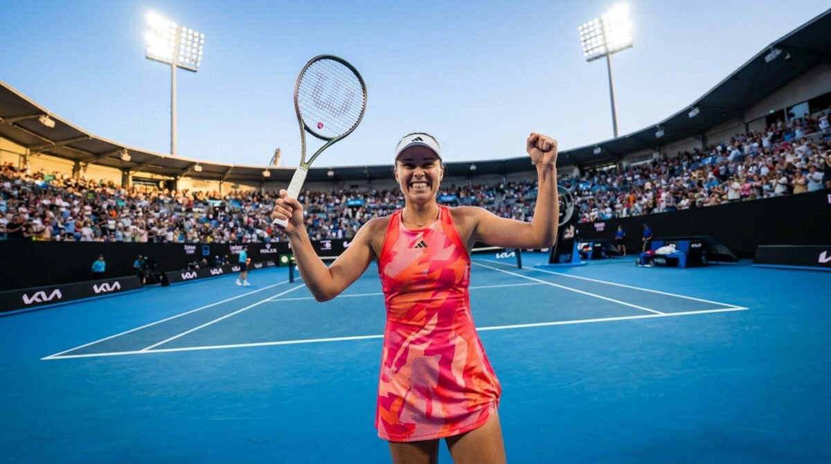 Leylah Fernandez célèbre sur le court de tennis après sa victoire, raquette en l'air sous les projecteurs du stade.