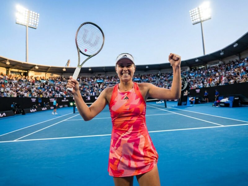 Leylah Fernandez célèbre sur le court de tennis après sa victoire, raquette en l'air sous les projecteurs du stade.