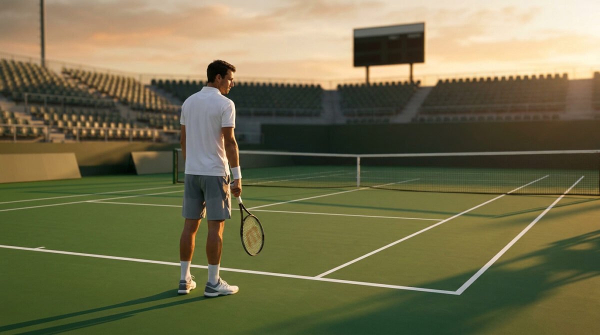 Un joueur de tennis seul sur un court vide au coucher du soleil, une raquette à la main, l'air pensif.
