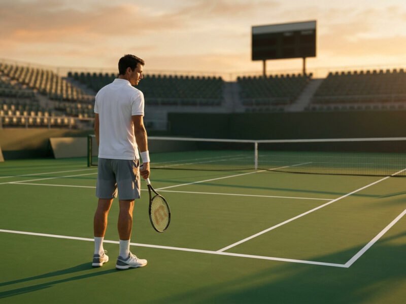 Un joueur de tennis seul sur un court vide au coucher du soleil, une raquette à la main, l'air pensif.