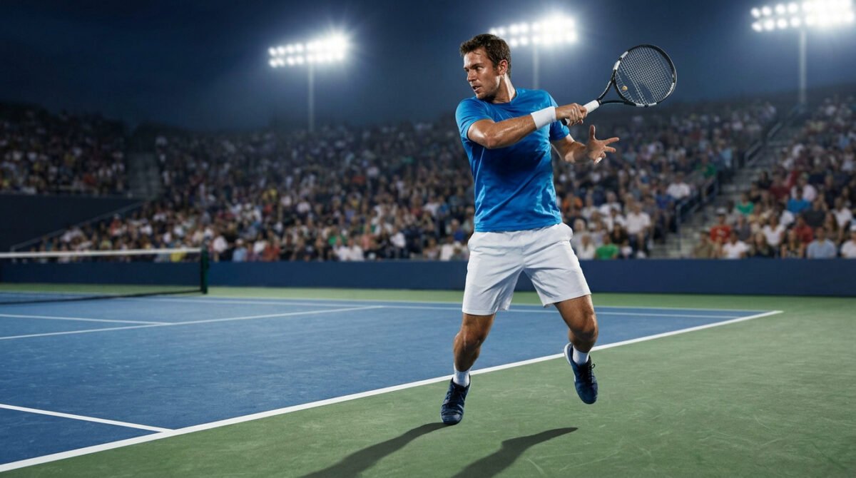Joueur de tennis en t-shirt bleu effectuant un coup droit sur un court éclairé face à une foule nombreuse.