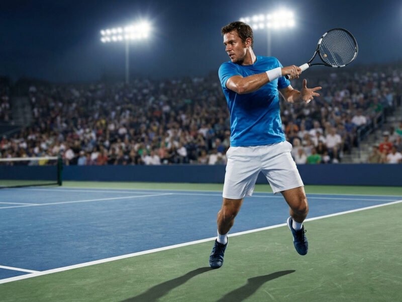 Joueur de tennis en t-shirt bleu effectuant un coup droit sur un court éclairé face à une foule nombreuse.