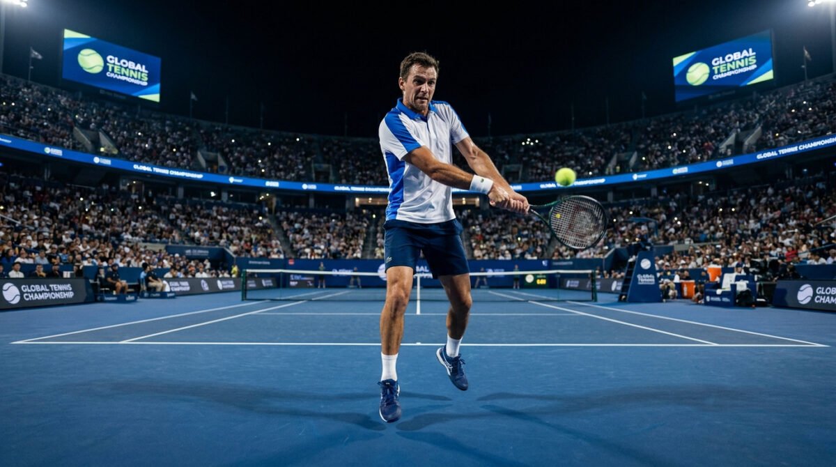 Joueur de tennis en action réalisant un revers sur un court bleu lors d'un tournoi nocturne.
