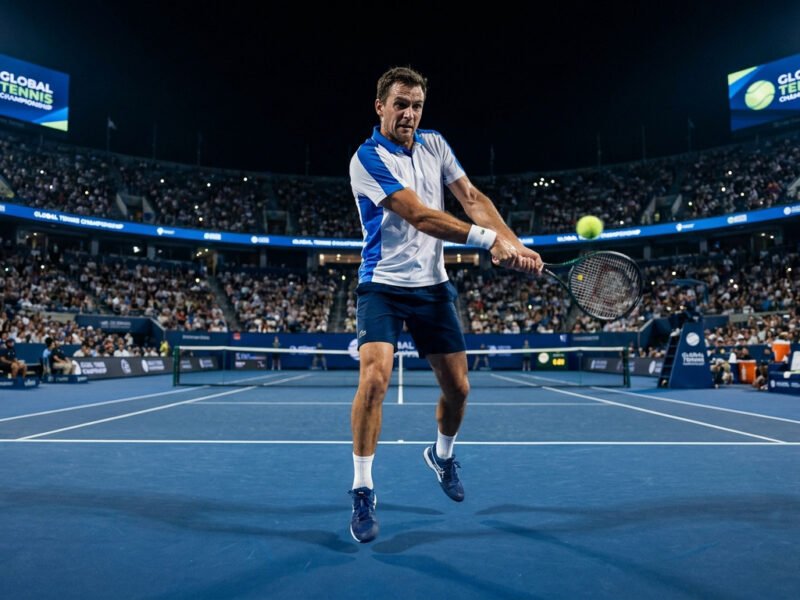 Joueur de tennis en action réalisant un revers sur un court bleu lors d'un tournoi nocturne.