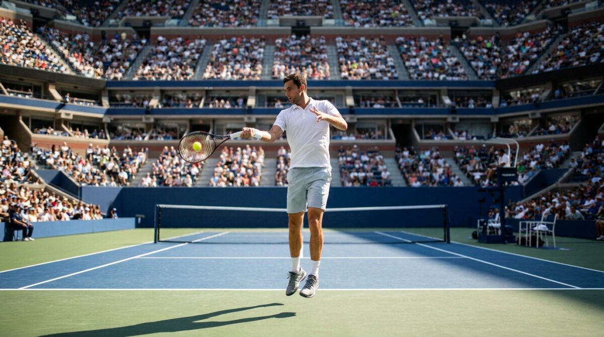 Un joueur de tennis en plein saut frappant une balle lors d'un match sur le court central de l'US Open.