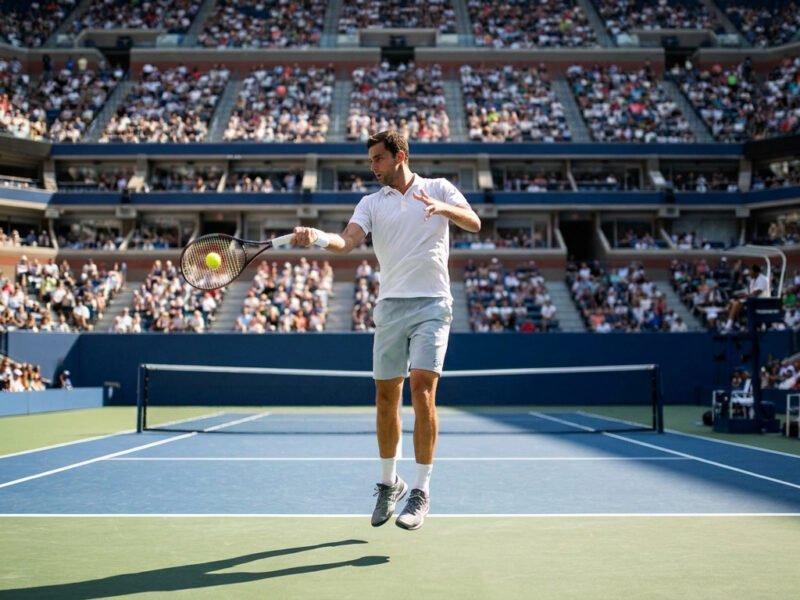 Un joueur de tennis en plein saut frappant une balle lors d'un match sur le court central de l'US Open.
