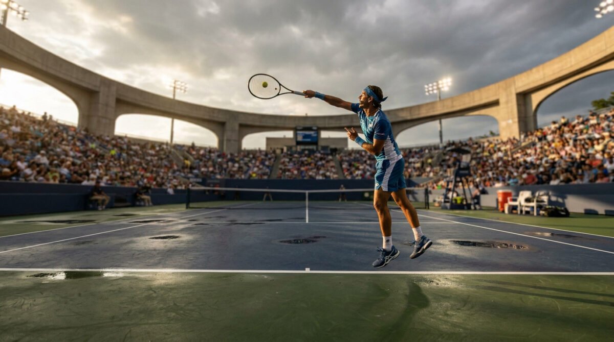 Un joueur de tennis professionnel effectue un service sur un court extérieur entouré de gradins sous un ciel nuageux.