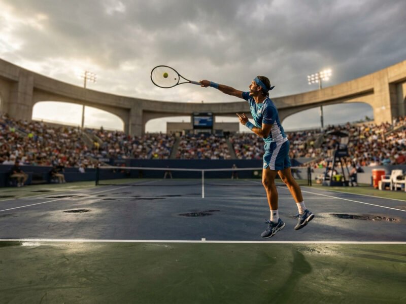 Un joueur de tennis professionnel effectue un service sur un court extérieur entouré de gradins sous un ciel nuageux.