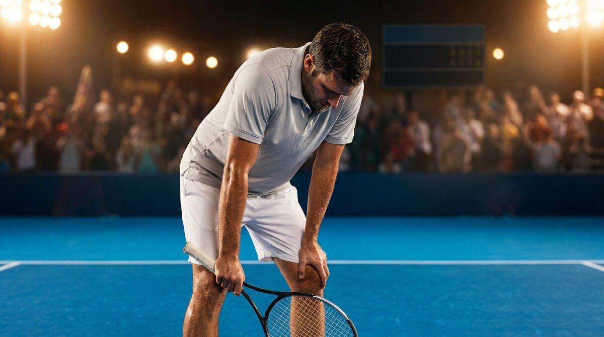 Un joueur de tennis fatigué, Terence Atmane, penché sur son court bleu pendant un match nocturne à l'US Open.