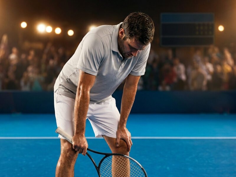 Un joueur de tennis fatigué, Terence Atmane, penché sur son court bleu pendant un match nocturne à l'US Open.