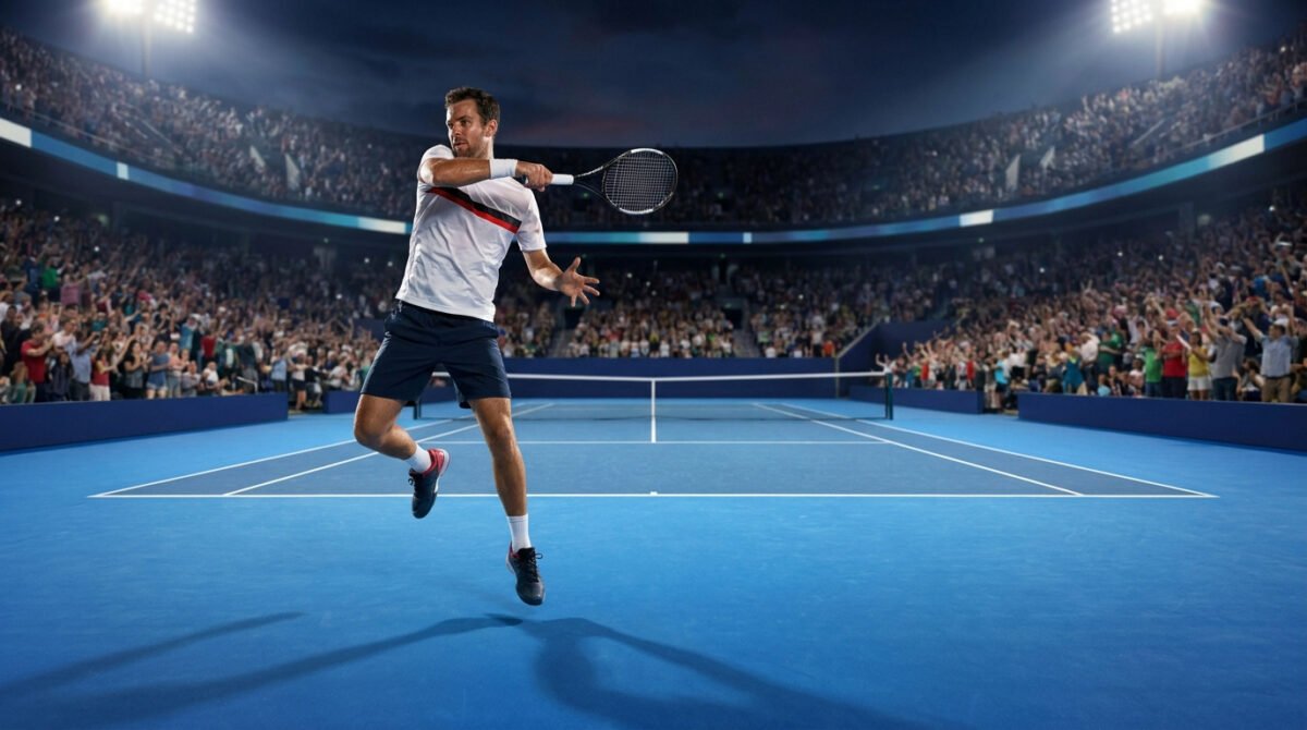 Un joueur de tennis en plein coup droit sur un court bleu, devant des tribunes remplies de spectateurs sous les projecteurs.