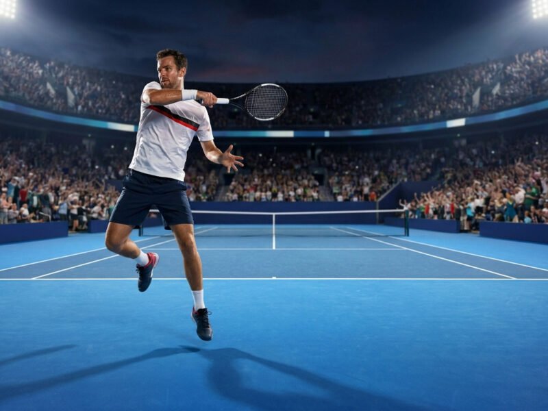 Un joueur de tennis en plein coup droit sur un court bleu, devant des tribunes remplies de spectateurs sous les projecteurs.